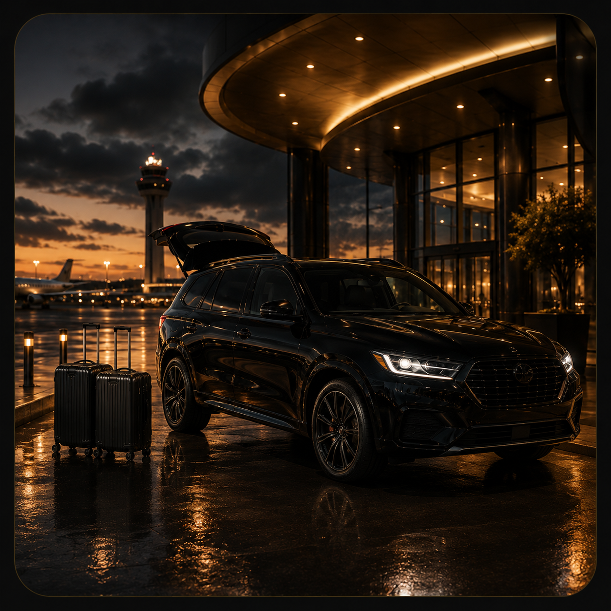 Private airport transportation vehicle and luggage